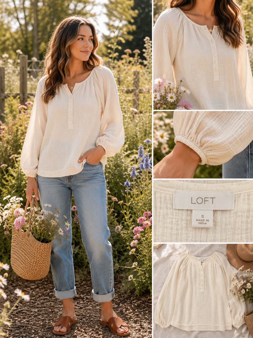 LOFT Cream Gauze Peasant Blouse Balloon Sleeve Top Small